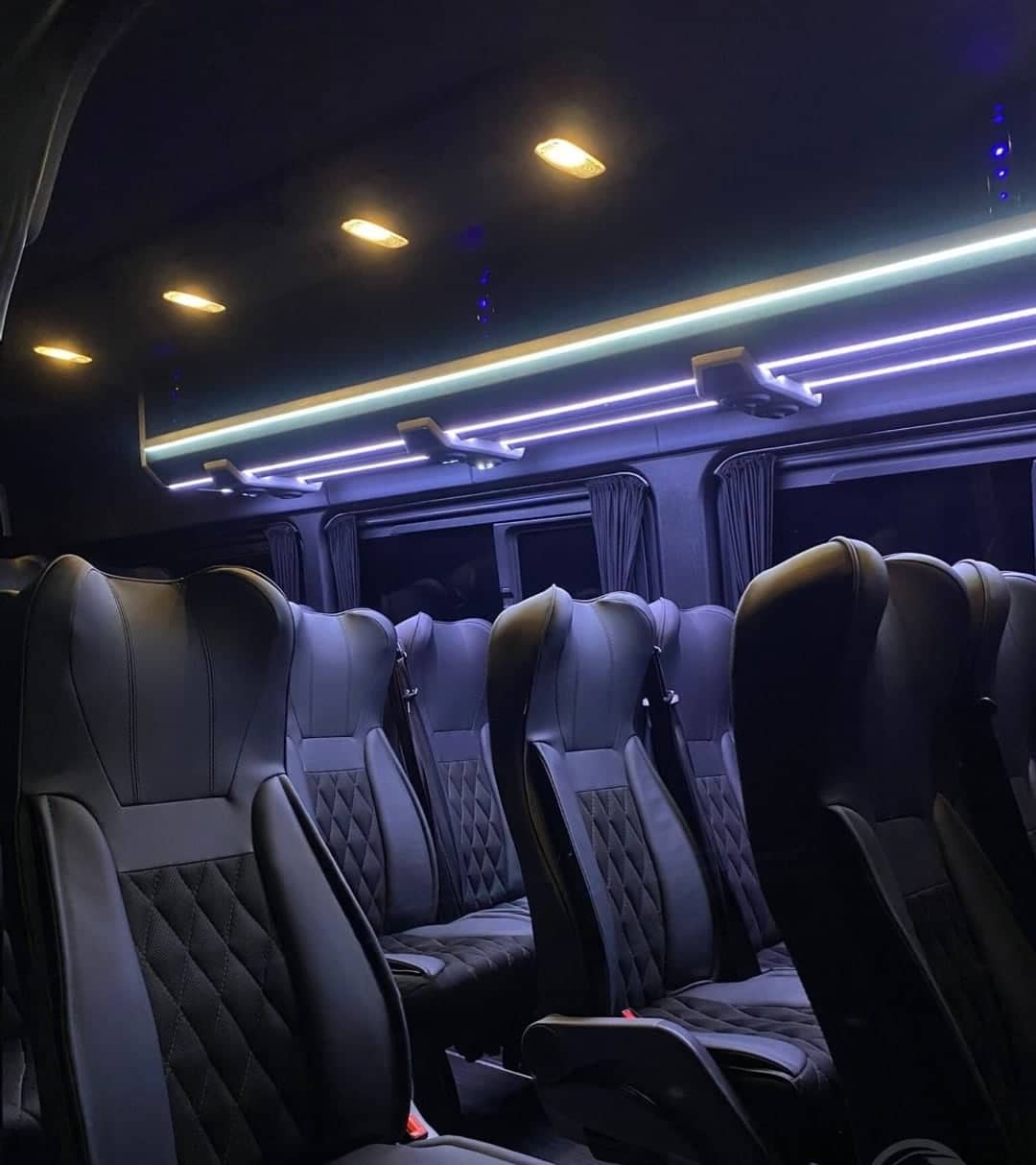 Interior de Sprinter con asientos capitoneados e iluminación de techo