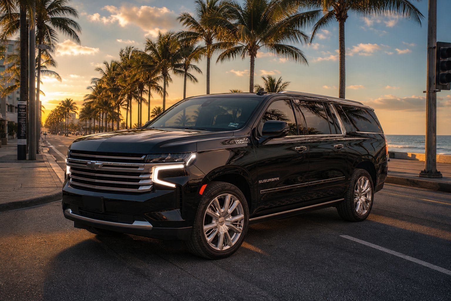 Chevrolet Suburban negra sobre una avenida con palmeras al atardecer, frente al mar